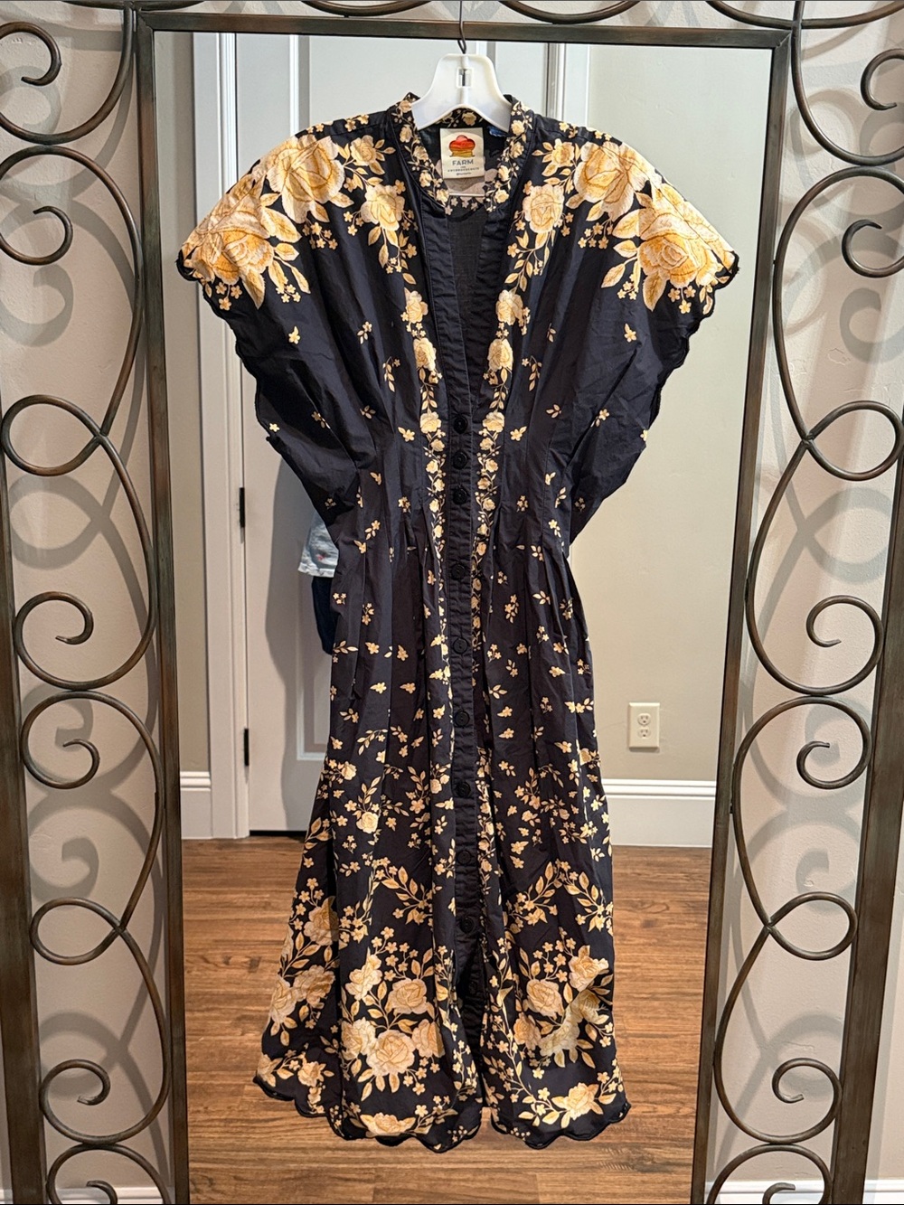Farm Rio x Anthropologie Floral Embroidered Black and Gold Midi Dress Size Small